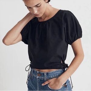 Madewell Embroidered Poplin Puff-Sleeve Cutout Crop Top in Black Size XS NWOT